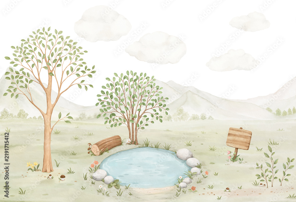 Fototapeta premium Watercolor landscape with round lake, tree, bush, log and sign against backdrop of mountains. Cute handmade illustration for your cartoon design, decoration, mural in kids room, template for wallpaper