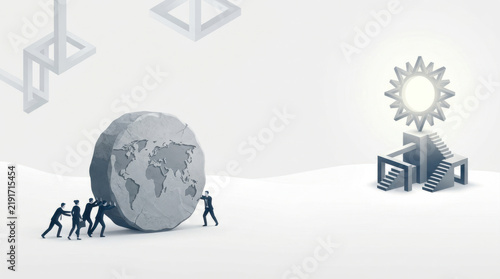 Figure teamwork push stone world map challenge effort cooperation drive rock toward sun via staircase symbolizing perseverance and ambition