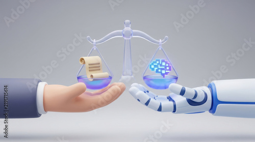 Balance human hand robot arm legal document artificial intelligence scale symbolizing fair evaluation of human regulation and technology ethics