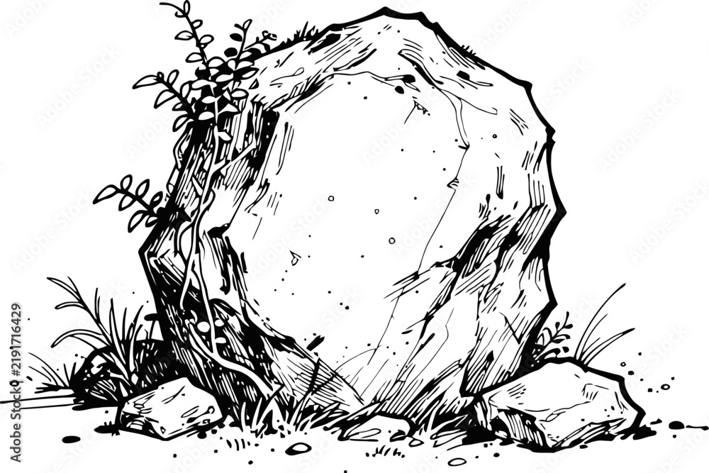 Obraz premium Large natural rock surrounded by plants and smaller stones in hand drawn black and white