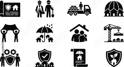 Property Insurance and Home Protection Icon Set, House Construction, Family Coverage, Eco Real Estate and Community Shield Vector Silhouettes
