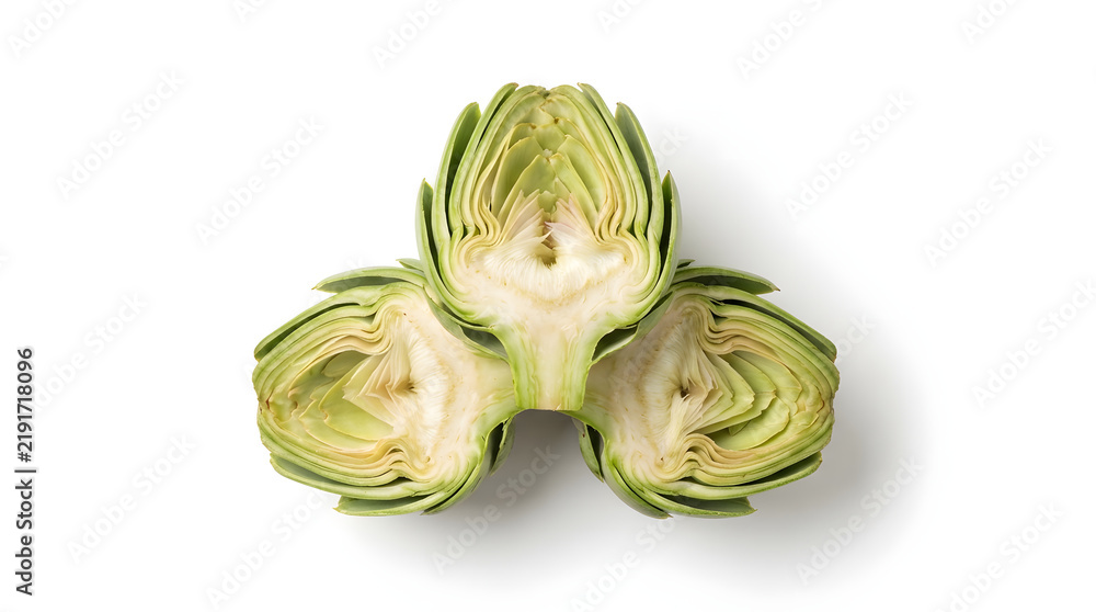 Fototapeta premium Fresh Artichoke Hearts Halves Isolated on White Background