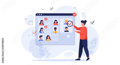 Recruitment process concept: selecting candidate from profile grid on computer screen by user with checklist