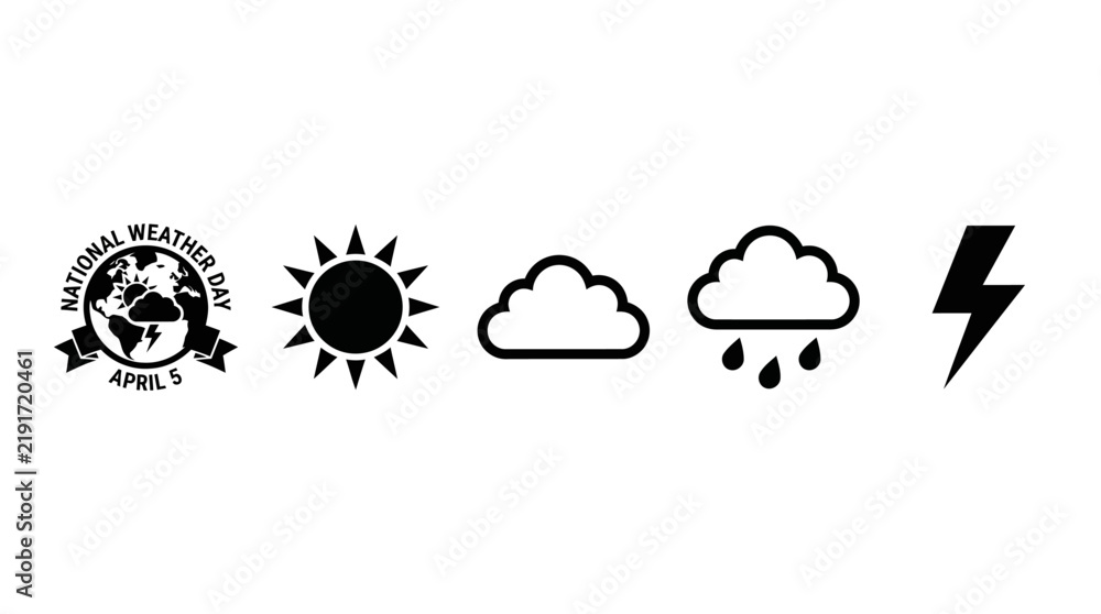 Fototapeta premium National Weather Day Icons Set Featuring Sun Cloud Rain and Lightning Symbols for Meteorological Forecast Visualizations