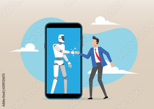 Businessman Touching Robot Hand on Smartphone Screen