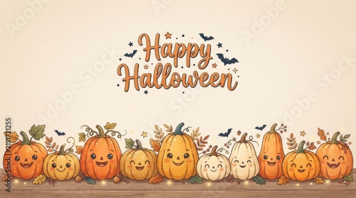 Festive Halloween Pumpkin Patch - Cute pumpkins and happy Halloween message symbolize fall, harvest, spooky fun, and celebration