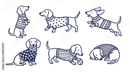 Dachshund dogs wearing cozy patterned sweaters in this delightful set of vector line art illustrations design