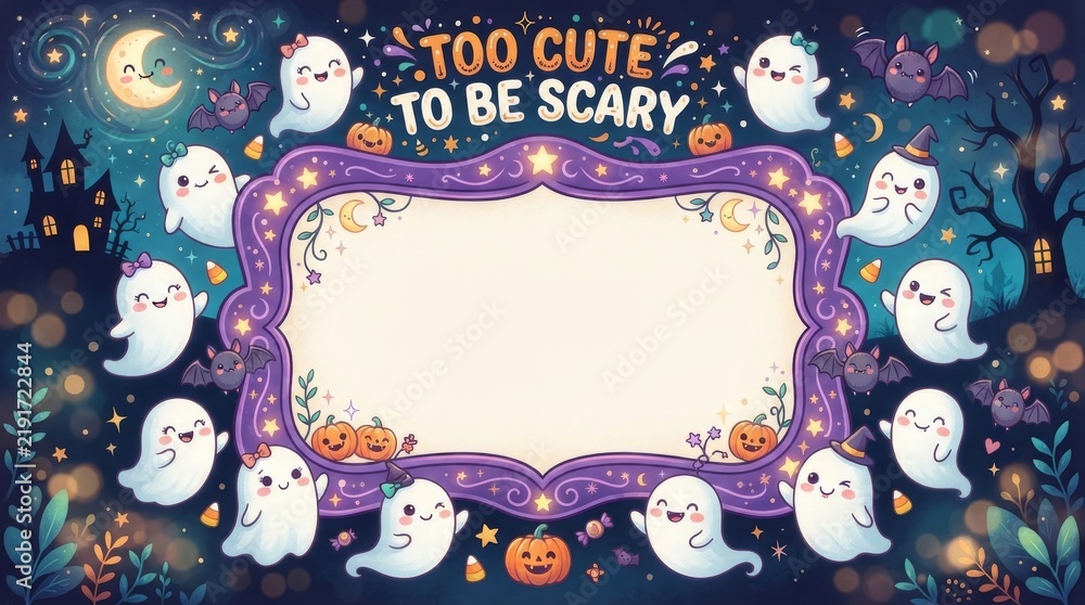 Fototapeta premium Cute Halloween Ghost Party Frame - Adorable ghosts, pumpkins, bats, and a haunted castle create a whimsical Halloween scene.