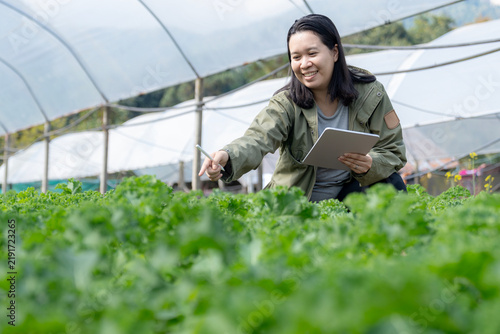 A young female farm owner uses a digital tablet to monitor and record crop growth on an organic vegetable farm.