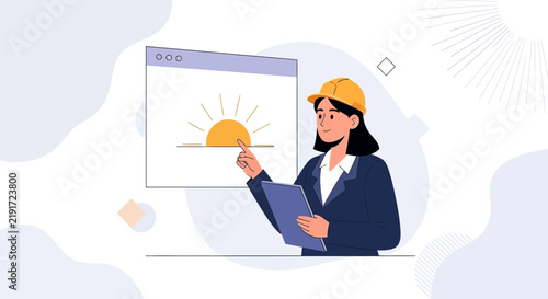 Female engineer points to sunrise graphic on screen, planning future project, holding tablet, modern flat illustration