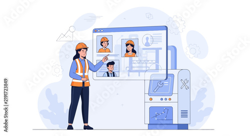 Female engineer selecting team members from a digital interface, modern technology concept