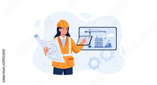 Female engineer with blueprint and tablet overseeing construction site with crane and building structure
