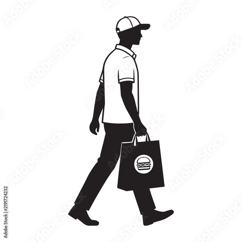  Food Delivery Courier Man Carrying Burger Bag Silhouette Isolated On White Background. 