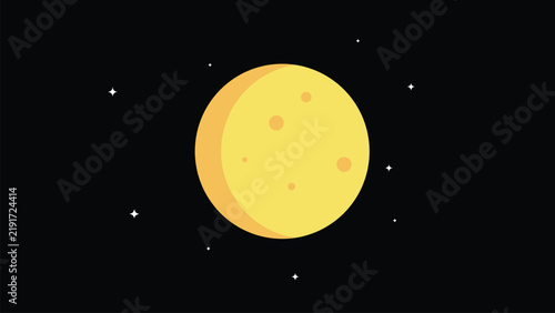 Cute flat vector illustration of a bright yellow full moon with craters surrounded by sparkling white stars isolated on a black background