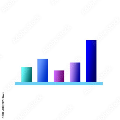Foto A 5-column vector bar chart with modern cyan, purple, and blue gradient shading showing data fluctuations and statistical comparisons over a light blue baseline