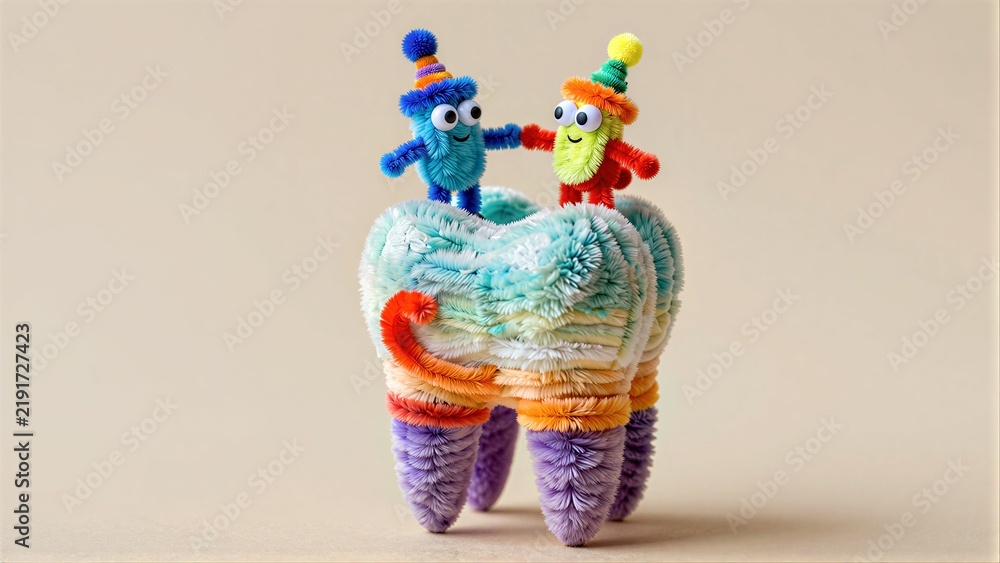 Fototapeta premium Colorful pipe cleaner tooth with two festive, smiling characters inside.