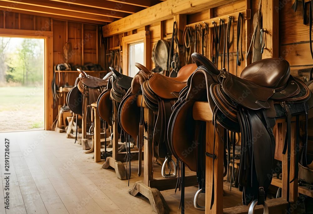 Obraz premium Equestrian lifestyle and horse riding tradition, leather saddles arranged on wooden racks inside a rustic stable with natural light from open door