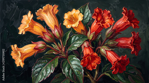 Vibrant trumpet flowers painted with thick textured oil brushstrokes in a stunning dark botanical still life