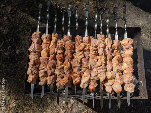 Canvastavla Shashlik during cooking on the mangal over a charcoal outdoors