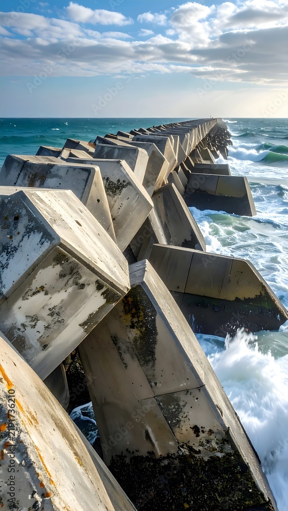 Fototapeta premium Coastal Breakwater Structure with Concrete Blocks Extending into Ocean Waves