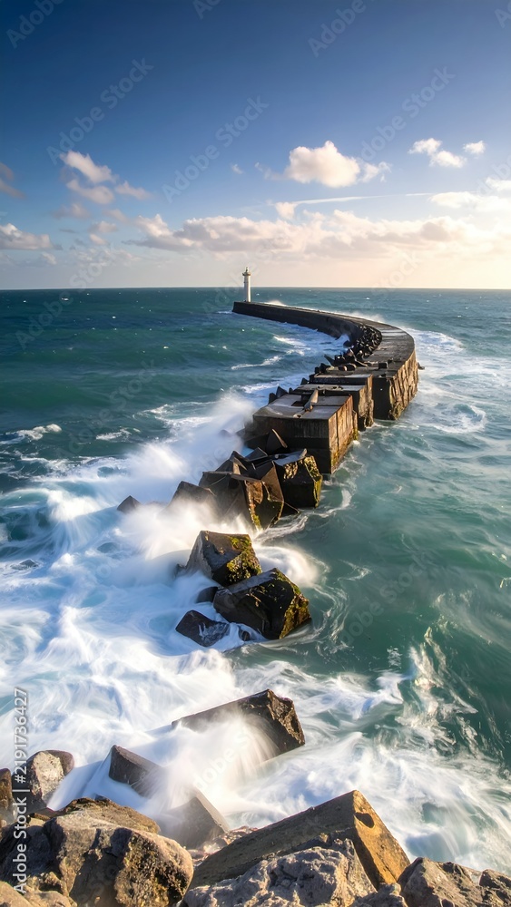 Fototapeta premium Coastal Breakwater Extending into Ocean with Lighthouse in Distance Under Blue Sky