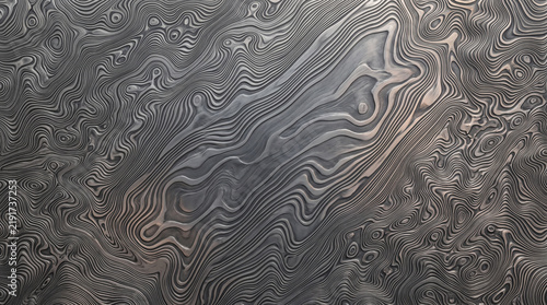Damascus steel metal surface with intricate flowing wave patterns reflecting soft studio lighting in gray tones