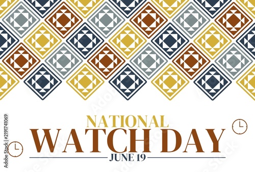 National Watch Day June 19 geometric pattern background with diamond shapes and clock icons