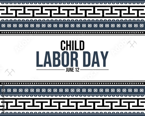 Child Labor Day June 12 awareness background with crossed pickaxe icons and geometric border patterns