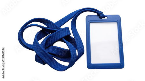 Blue plastic id badge holder with a neck lanyard for business identification and security access cards isolated on transparent background
