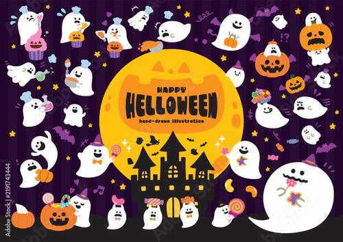 ハロウィンのおばけとジャックオーランタンのかわいいイラストセット