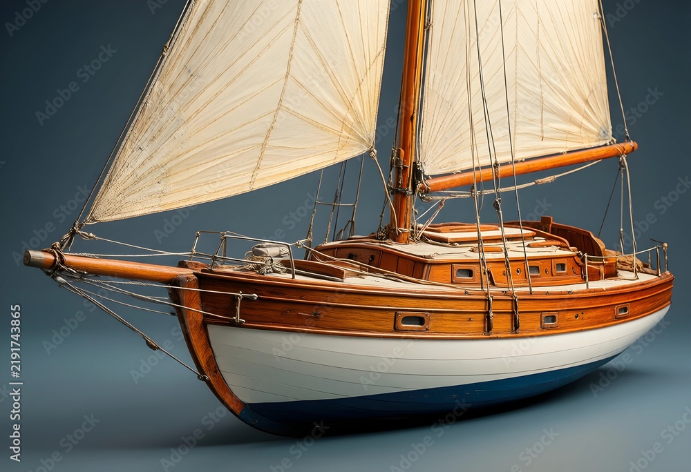 Fototapeta premium Maritime travel and luxury leisure, vintage wooden sailboat model with white sails for nautical decor and hobbyist collection on a dark blue background