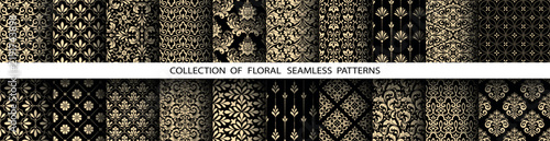 Geometric floral set of seamless patterns. Golden and black vector backgrounds. Damask graphic ornaments