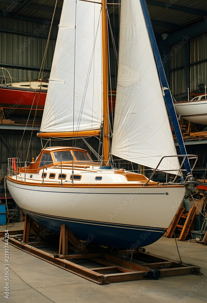 Obraz premium Maritime leisure and luxury travel, classic wooden sailboat undergoing maintenance in a boatyard storage facility for seasonal preparation and repair