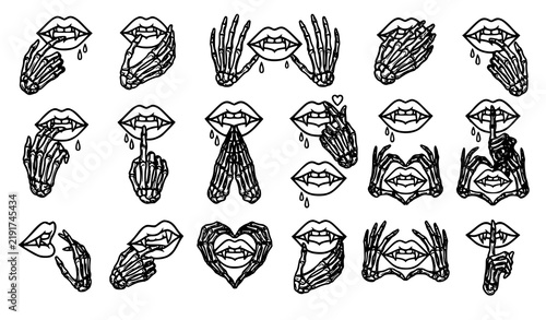 Gothic Skeleton Fingers Vampire Lips Dripping Horror Outline Vector Set