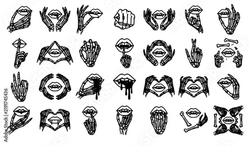 Skeleton Hands Holding Vampire Lips Gothic Horror Bone Vector Collection