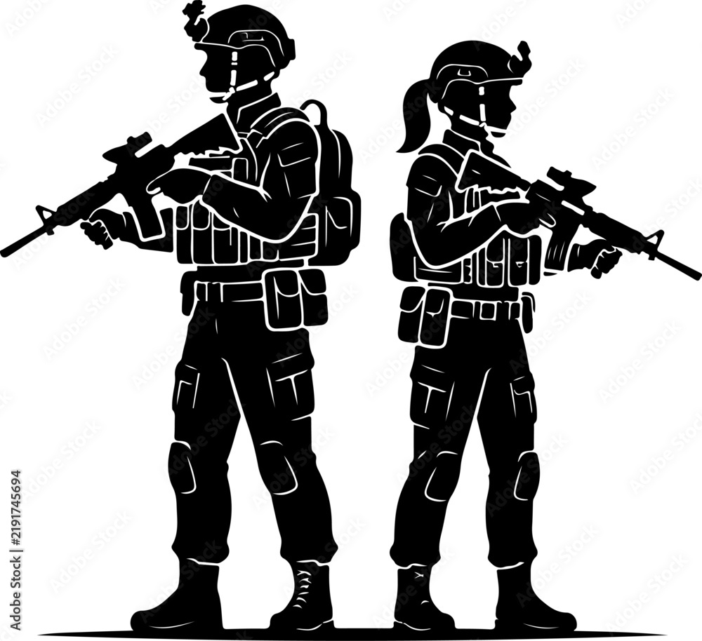 Fototapeta premium Male and female soldiers holding rifles vector illustration