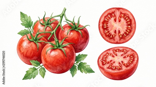 Watercolor Illustration Of Fresh Red Tomatoes Whole Sliced And On Vine