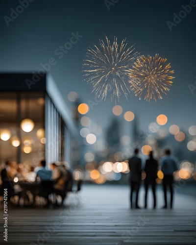 Artistic double-exposure concept of office employees celebrating Thanksgiving blended with transparent fireworks, rainbow arcs, autumn leaves, champagne bubbles, pumpkins and golden glitter,