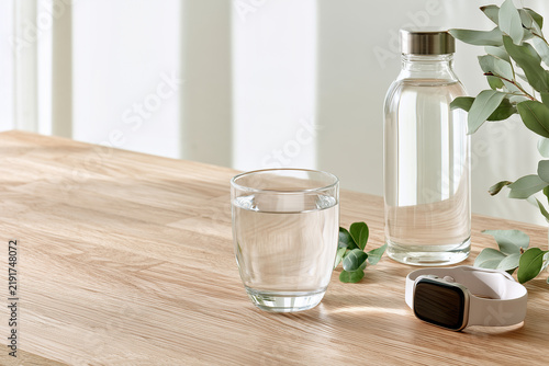 A glass of water, bottle, and smartwatch on a wooden table / 木製のテーブルに置かれたグラスの水、ボトル、スマートウォッチ