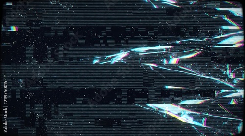 Digital screen glitch effect with rainbow noise and broken static stripes.