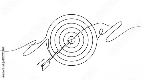 Single continuous line drawing of an arrow hitting the center of a target with bullseye achievement business strategy