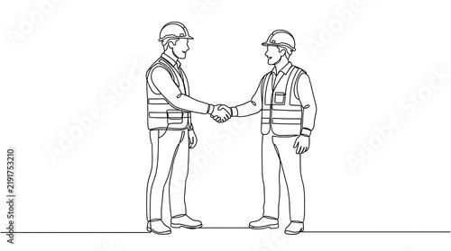 Two construction workers wearing safety gear shaking hands line drawing with hard hat construction handshake agreement