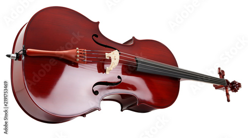 Foto Polished dark brown wooden cello with four strings and maple bridge