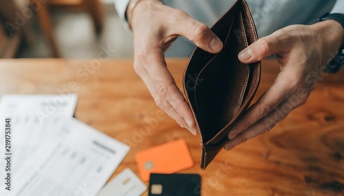 Close up of a person holding an empty leather wallet over a wooden desk with bills and credit cards