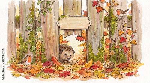 Hedgehog peeking through garden fence surrounded by autumn leaves and birds