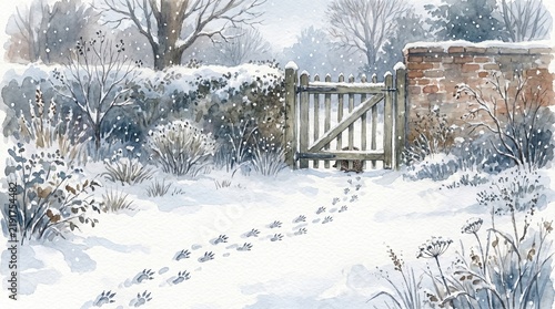 hedgehog footprints in snow leading to a wooden gate in a winter garden