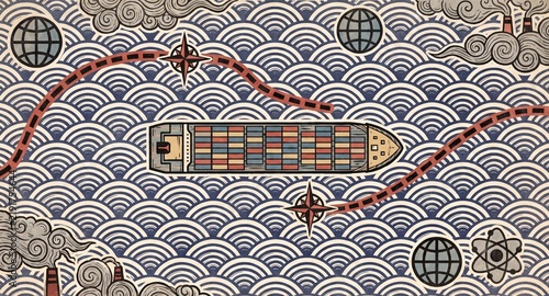 Container ship sailing on waves with clouds and compass in woodblock print style