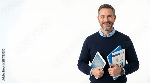A confident, smiling middle-aged man in a navy sweater holds a tablet and two folders with documents against a white background.