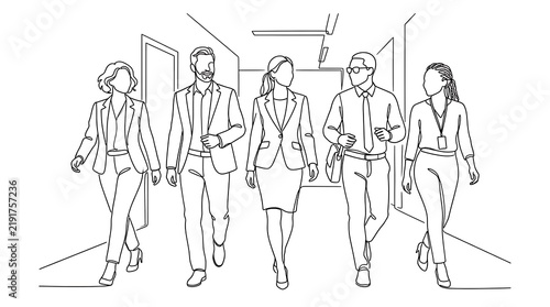 Business team walking together in a modern office hallway with business professional colleagues corporate workplace