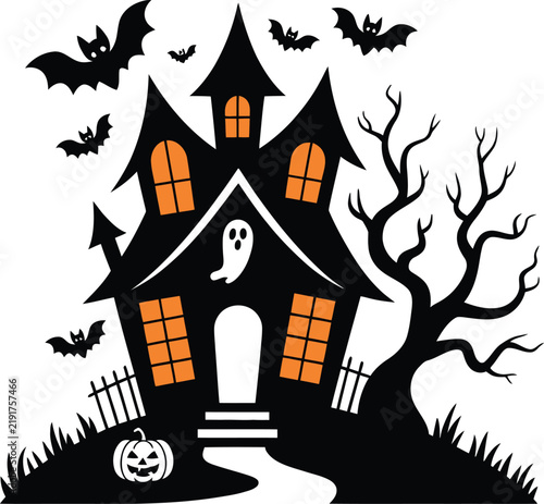 Haunted house with ghosts and bats vector illustration